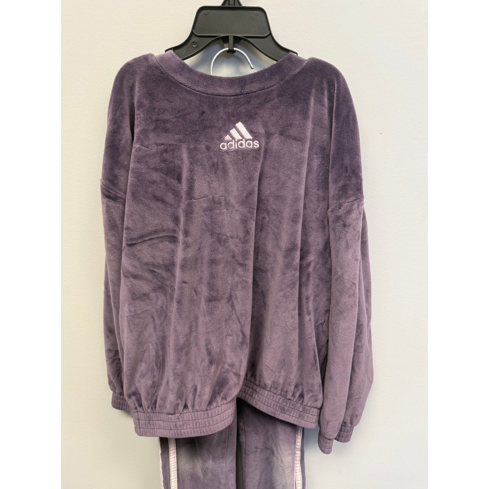 Adidas Kids Purple Velour Tracksuit Set Pullover Sweatshirt Pants Size 5 - Picture 2 of 8